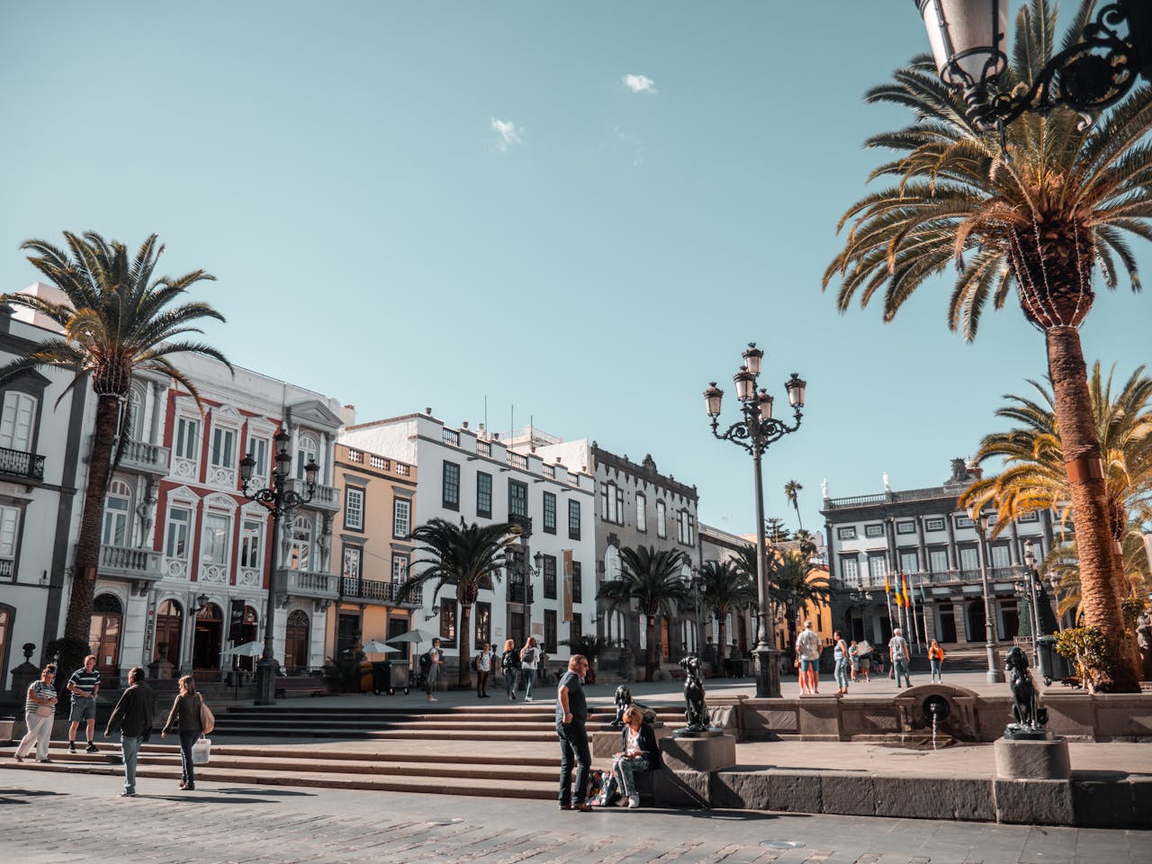 Bæjartorg á Tenerife með pálmatrjám – lifandi umhverfi fyrir spænskunámskeið á Tenerife